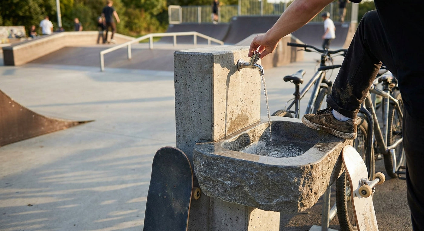 Foot wash station for skate parks and bike parks