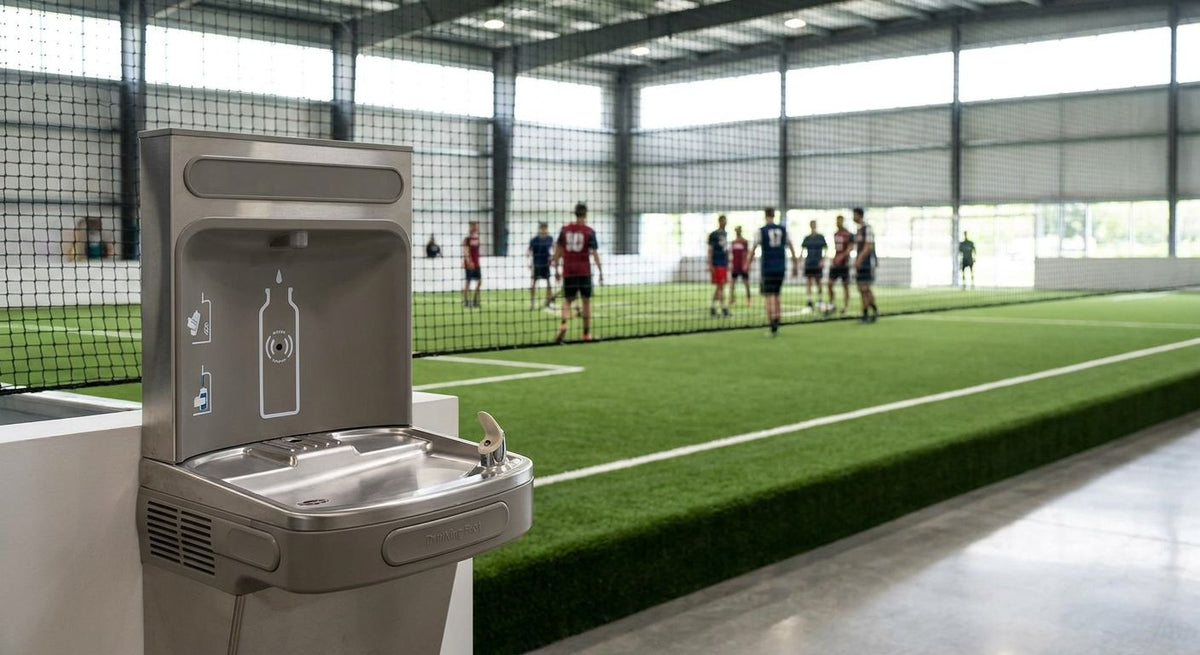 Drinking fountain for indoor soccer and futsal facilities