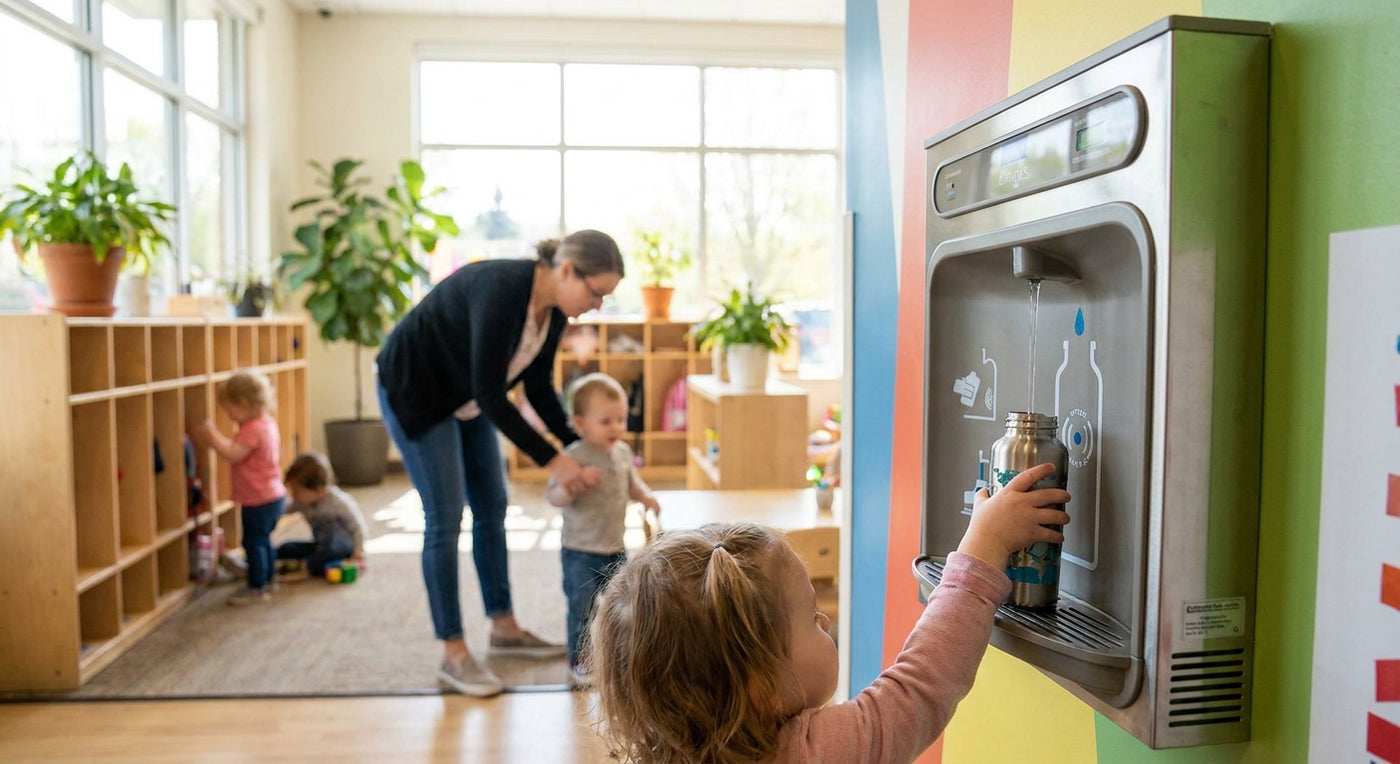 Water bottle filling station for daycare centers and preschools