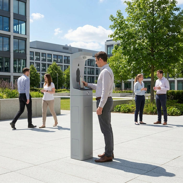 Water bottle filling station for corporate campuses