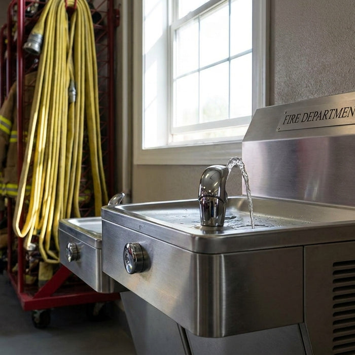 Drinking fountain for fire stations and emergency services