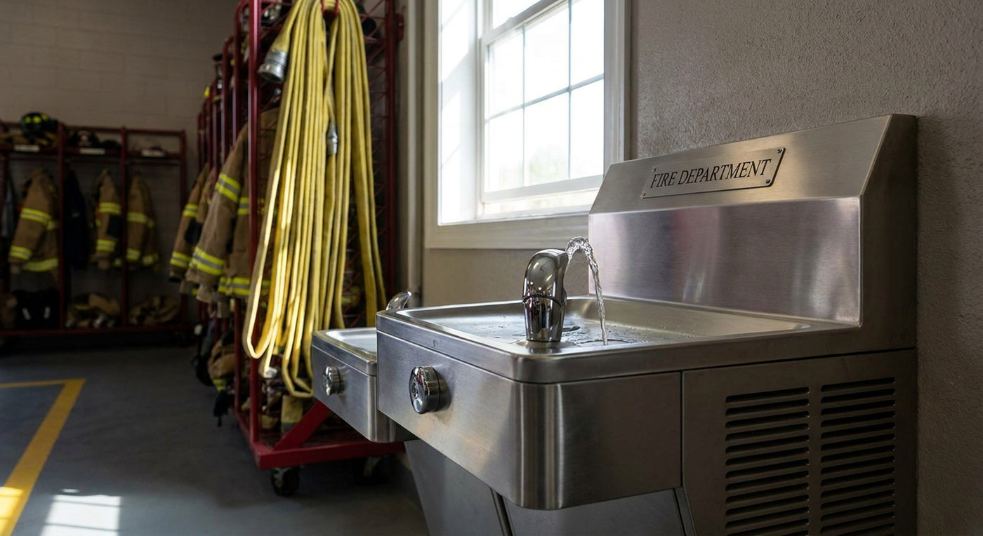 Drinking fountain for fire stations and emergency services