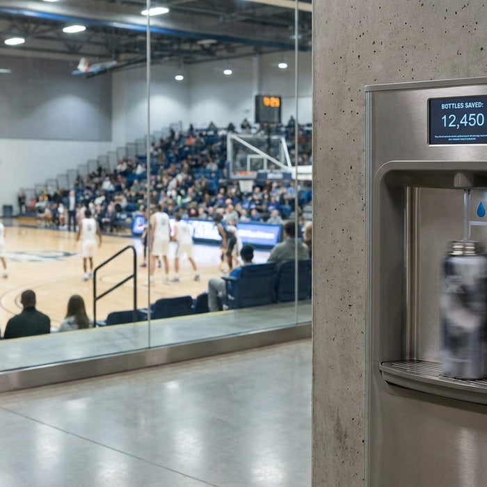 Water bottle filling station for indoor sports arenas