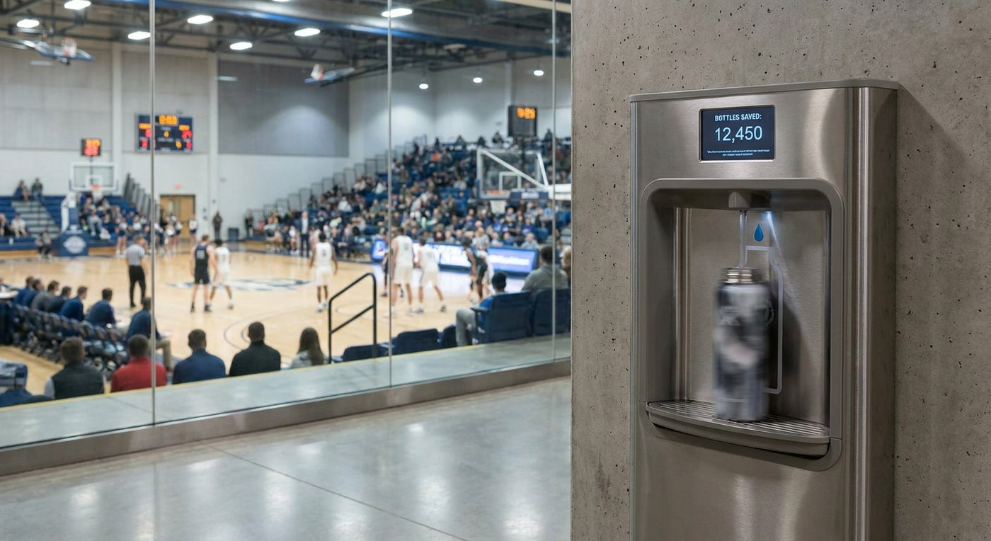 Water bottle filling station for indoor sports arenas
