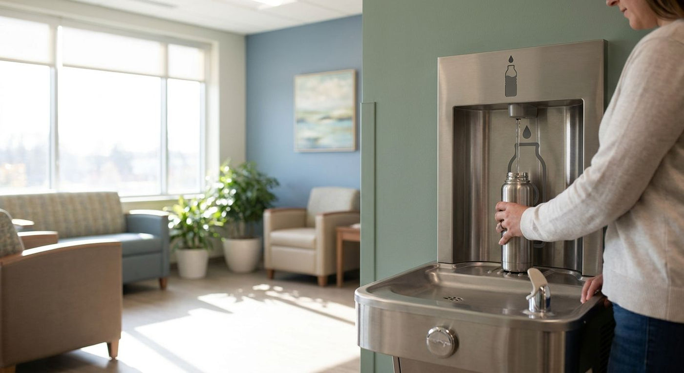 Water bottle filling station for behavioral health facilities