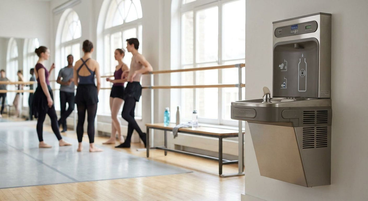 Drinking fountain for dance studios and performing arts centers