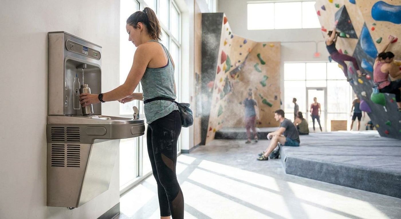 Drinking fountain for climbing gyms and bouldering centers