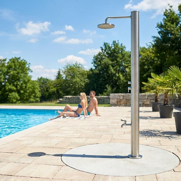 Freestanding outdoor shower for pool areas