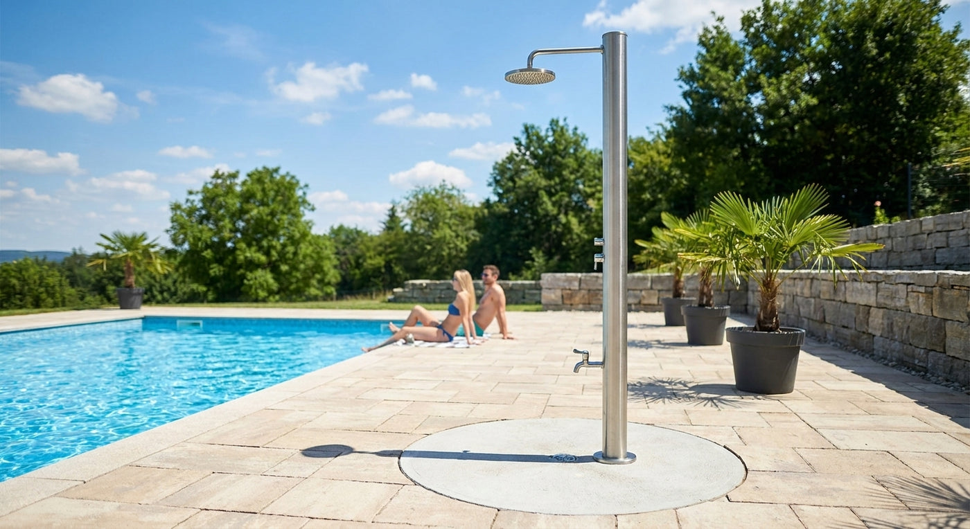 Freestanding outdoor shower for pool areas