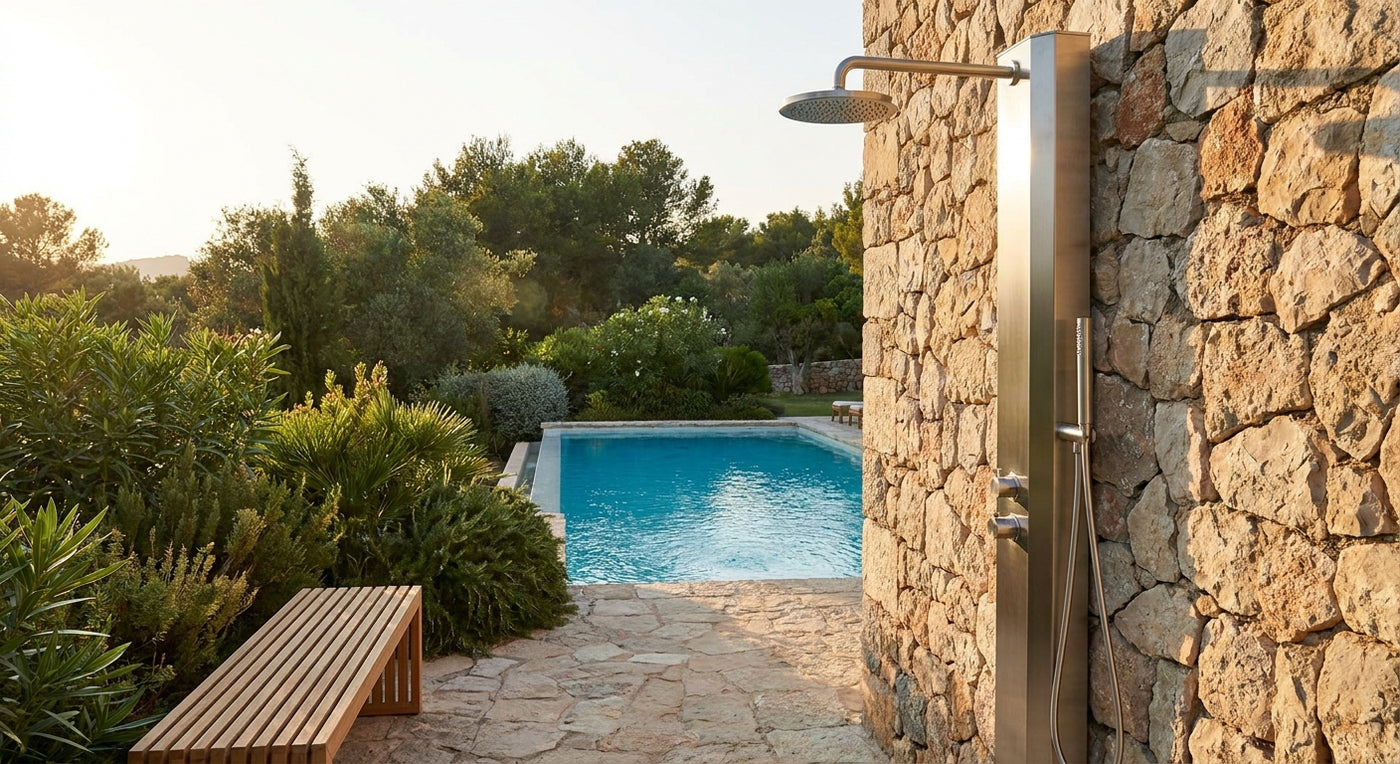 Stainless steel outdoor shower for pool areas