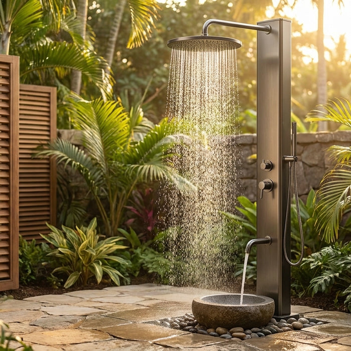 Outdoor rainfall shower tower with foot wash