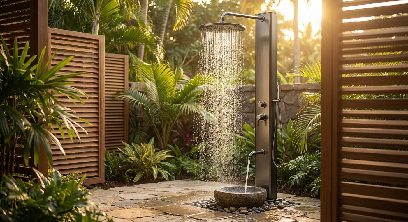 Outdoor rainfall shower tower with foot wash