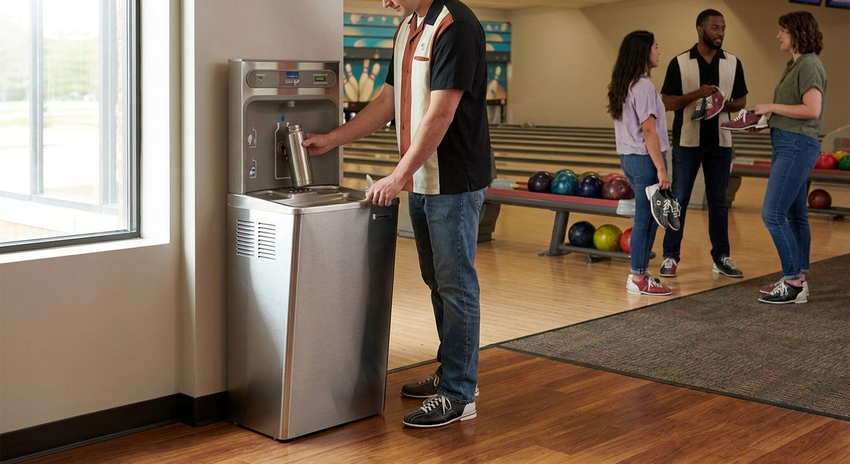 Water bottle filling station for bowling centers