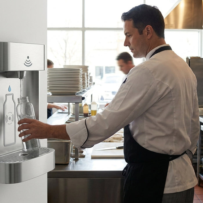 Water bottle filling station for restaurants and kitchens