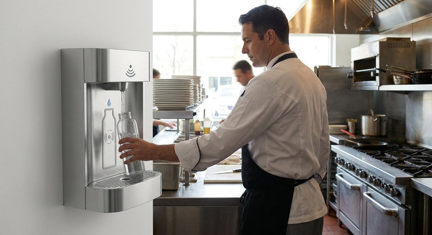 Water bottle filling station for restaurants and kitchens
