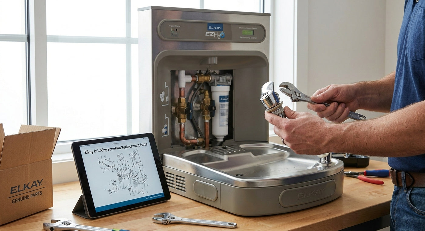 How to find replacement parts for an Elkay drinking fountain