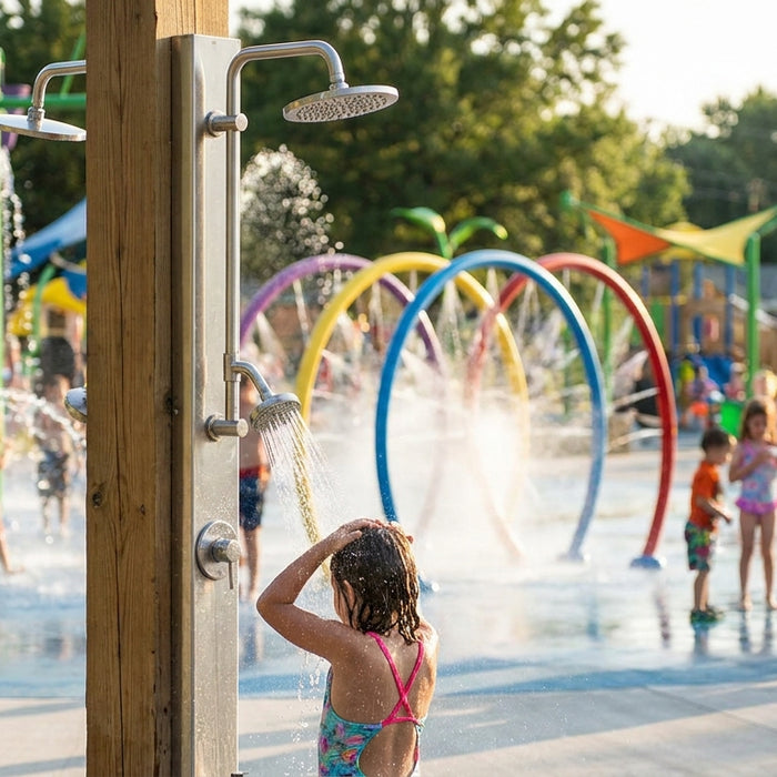 Outdoor shower for public splash pads and water playgrounds