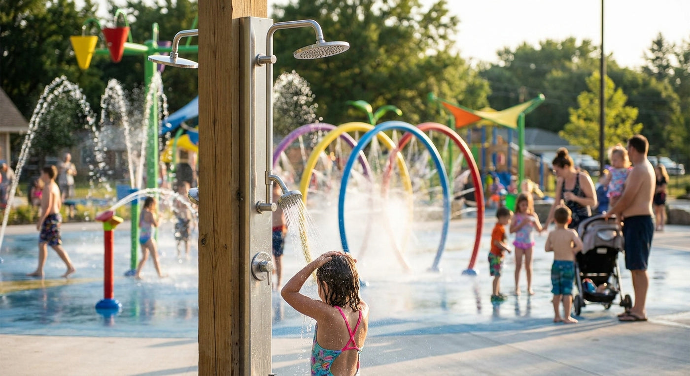 Outdoor shower for public splash pads and water playgrounds