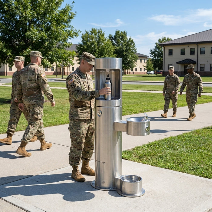 Water bottle filling station for military bases