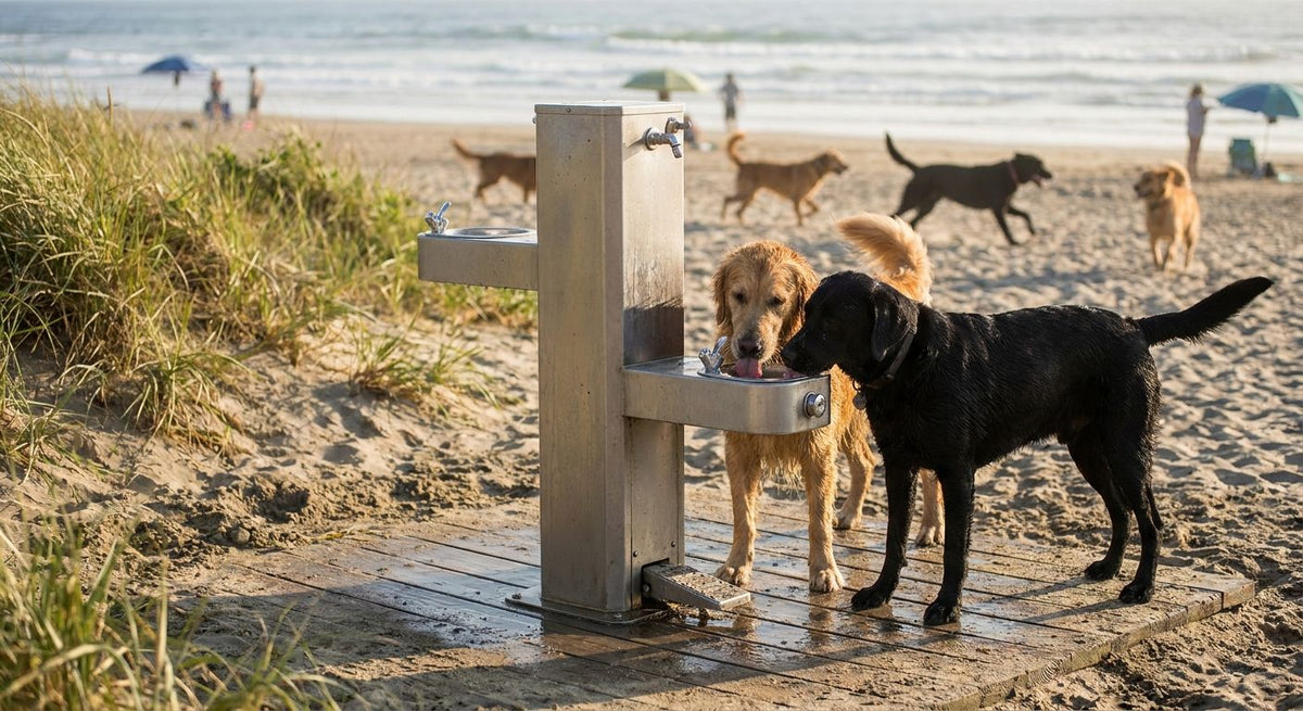 Pet water fountain for off-leash dog beaches
