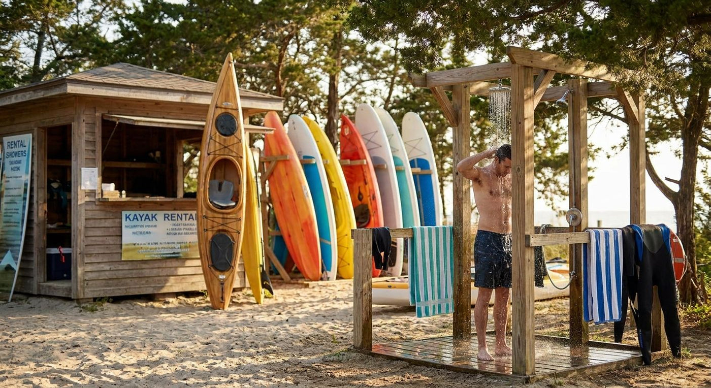 Outdoor shower for kayak and paddleboard rental shops