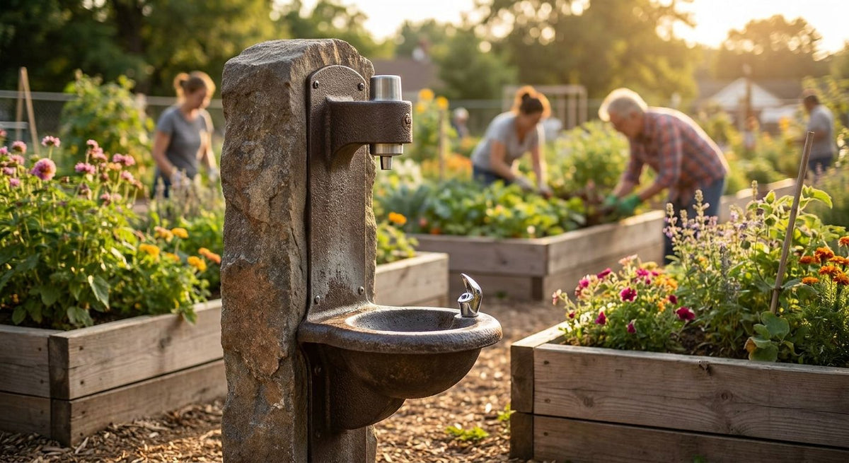 Outdoor drinking fountain for community gardens and urban farms