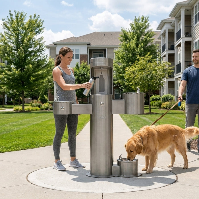 Outdoor drinking fountain for apartment complexes
