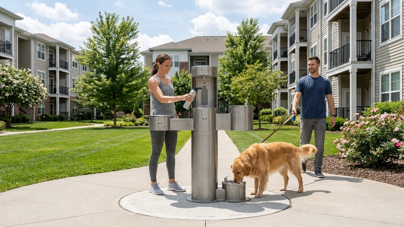 Outdoor drinking fountain for apartment complexes