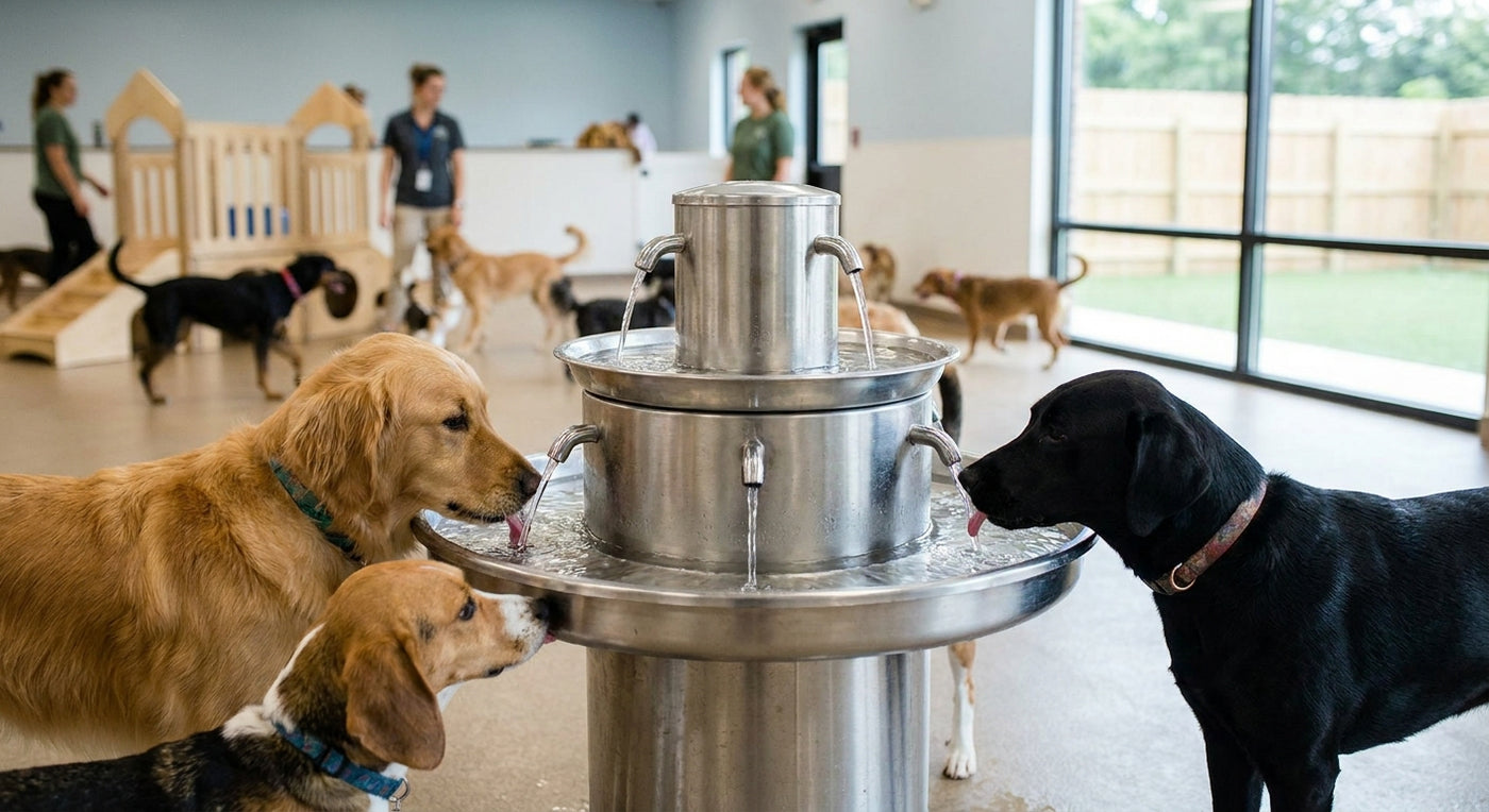 Pet water fountain for dog daycare centers