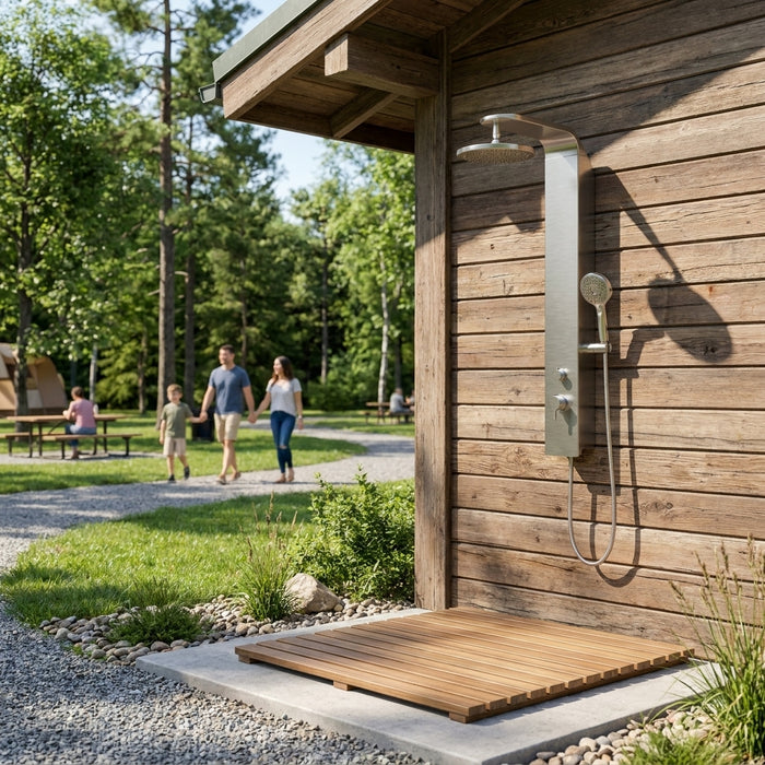 Wall-mounted outdoor shower for campground facilities