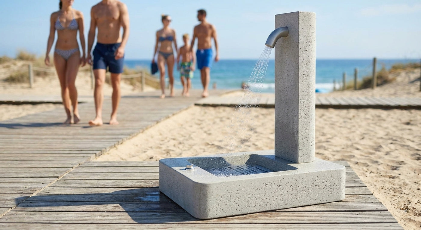 Exterior concrete foot shower for beach facilities