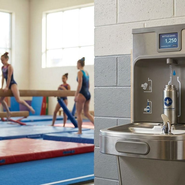 Water bottle filling station for gymnastics training centers