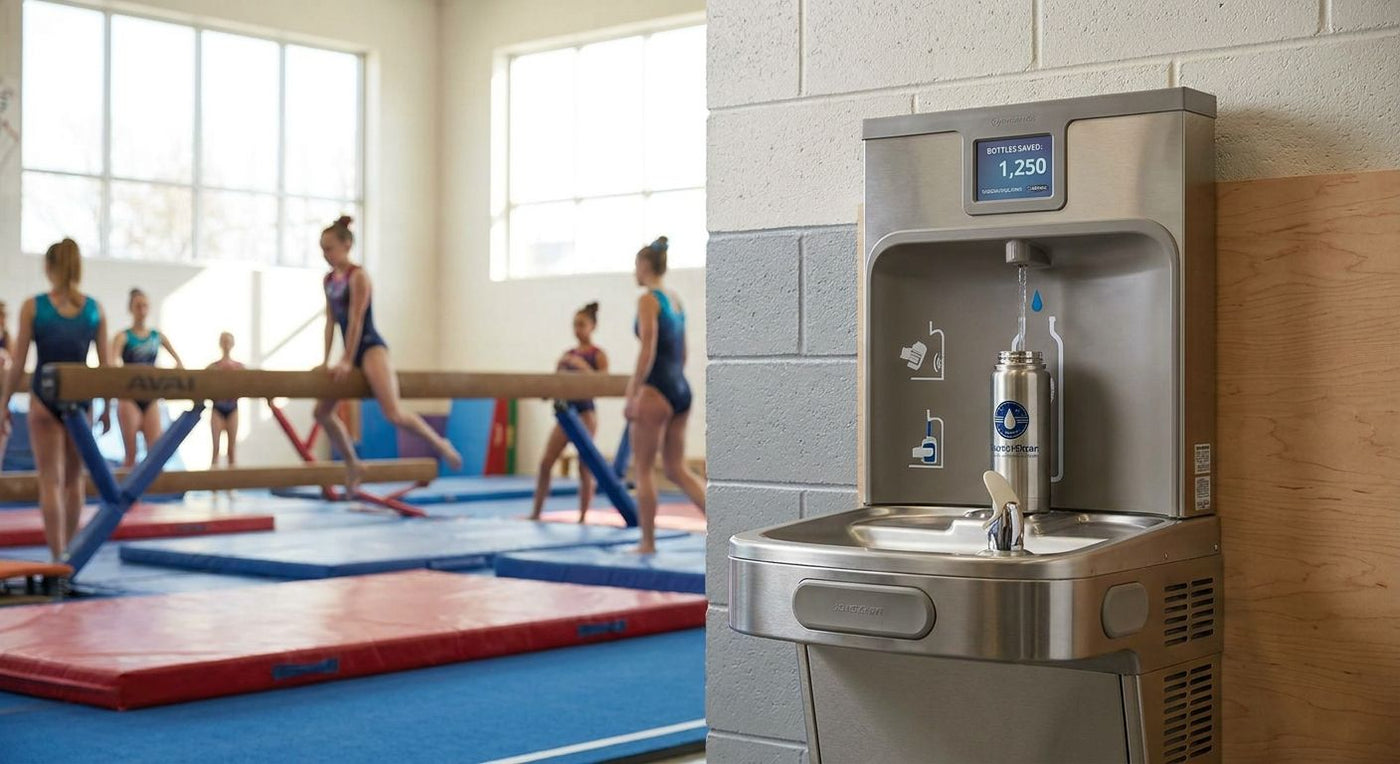 Water bottle filling station for gymnastics training centers