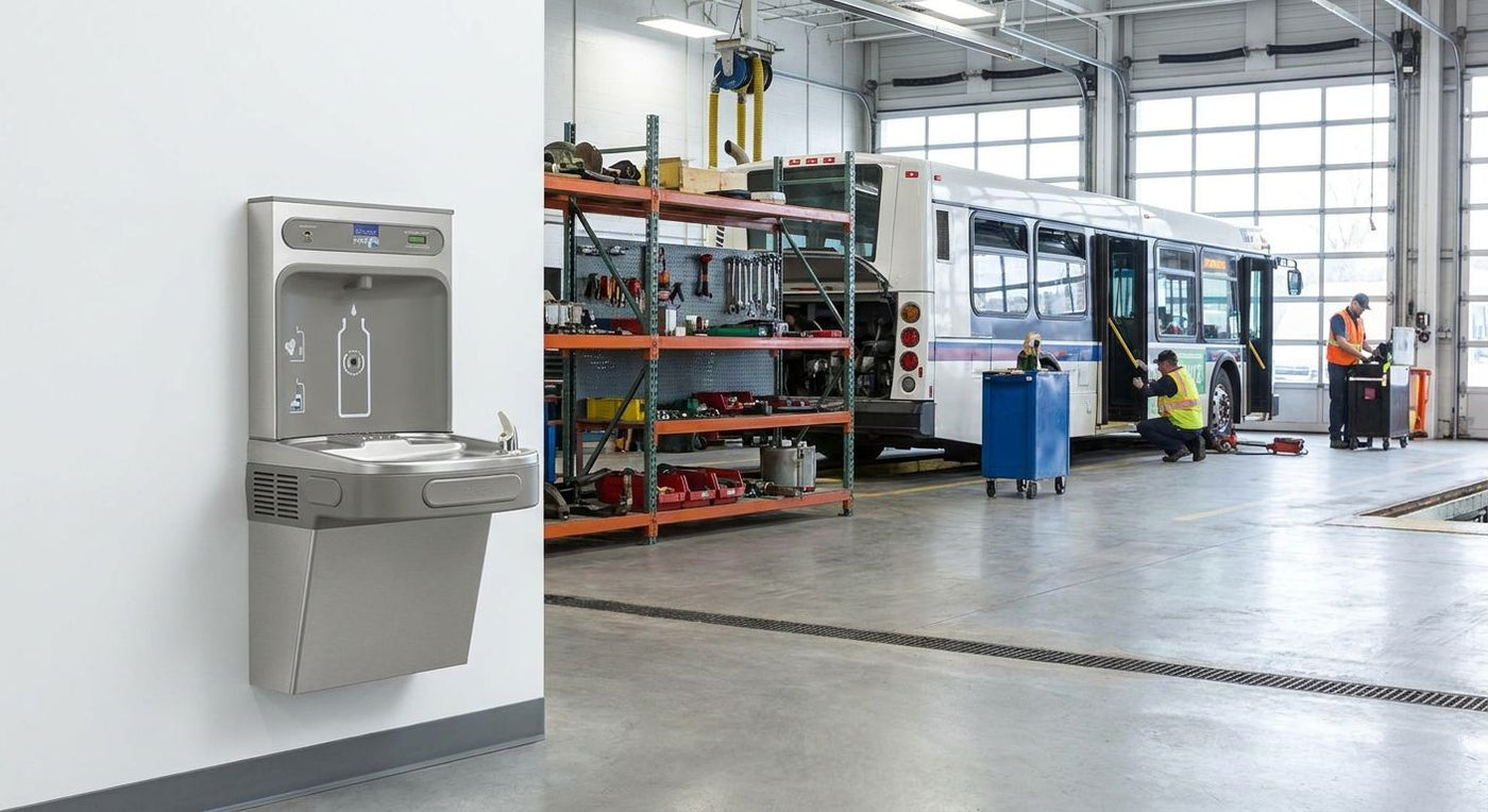 Water bottle filling station for transit maintenance depots