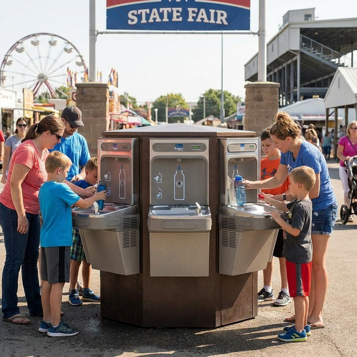 Outdoor drinking fountain for state fairgrounds