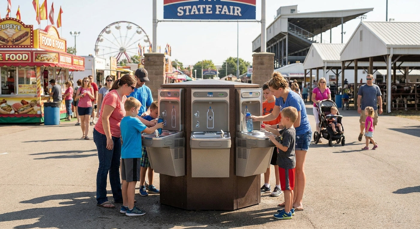 Outdoor drinking fountain for state fairgrounds