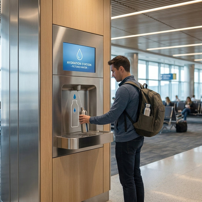 Water bottle filling station for airports