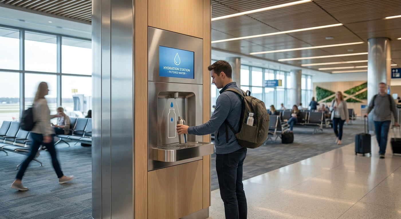Water bottle filling station for airports