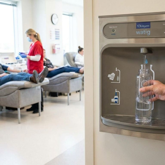 Water bottle filling station for blood donation centers
