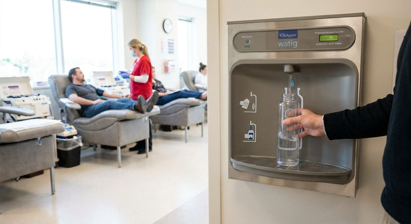 Water bottle filling station for blood donation centers