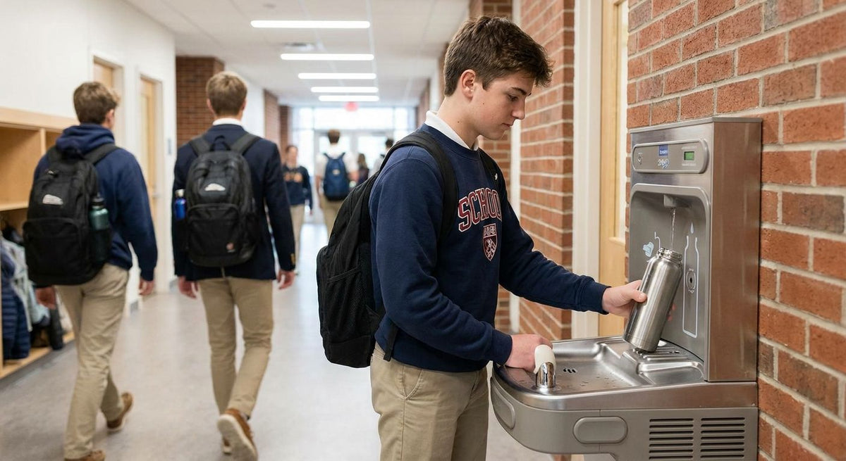 Bottle filling station for boarding school dormitories