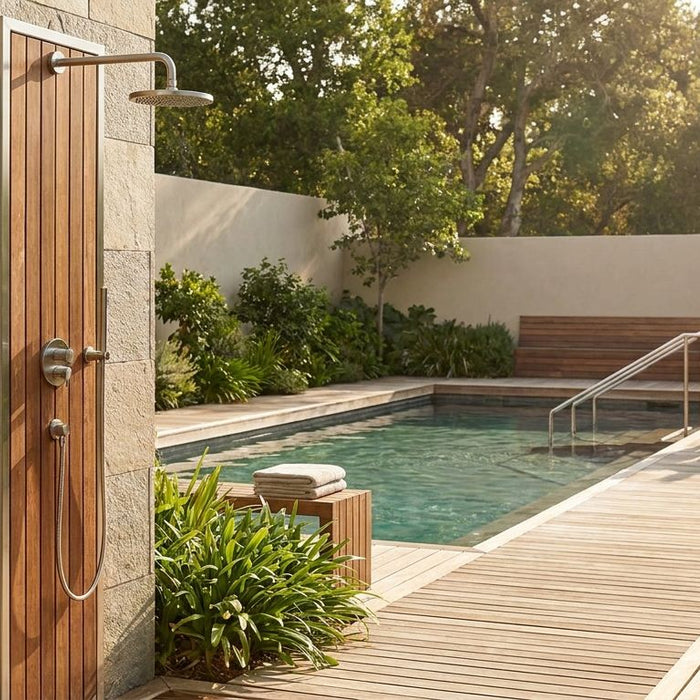 Outdoor shower for physical therapy and rehabilitation pools