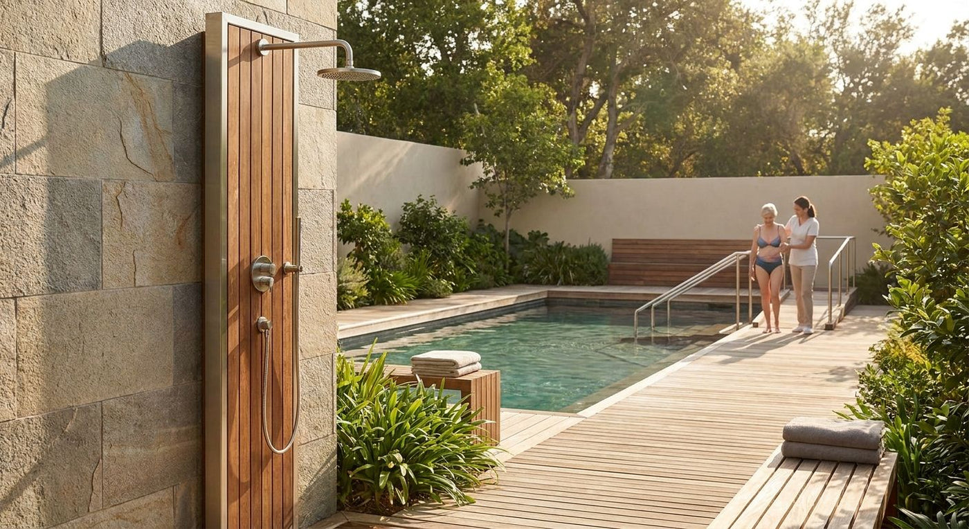 Outdoor shower for physical therapy and rehabilitation pools