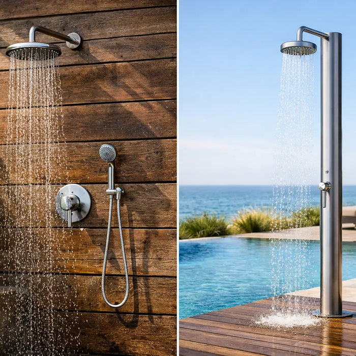 Wall Mounted vs Freestanding Outdoor Shower - The Fountain Direct