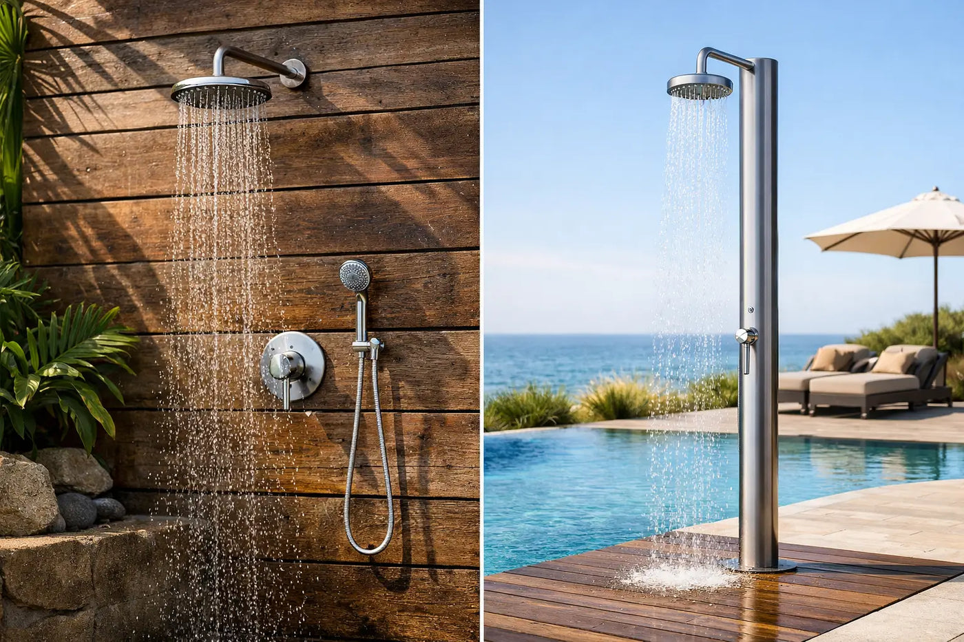Wall Mounted vs Freestanding Outdoor Shower - The Fountain Direct