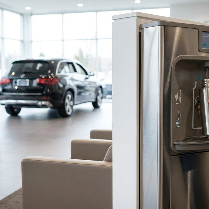 Water bottle filling station for car dealerships