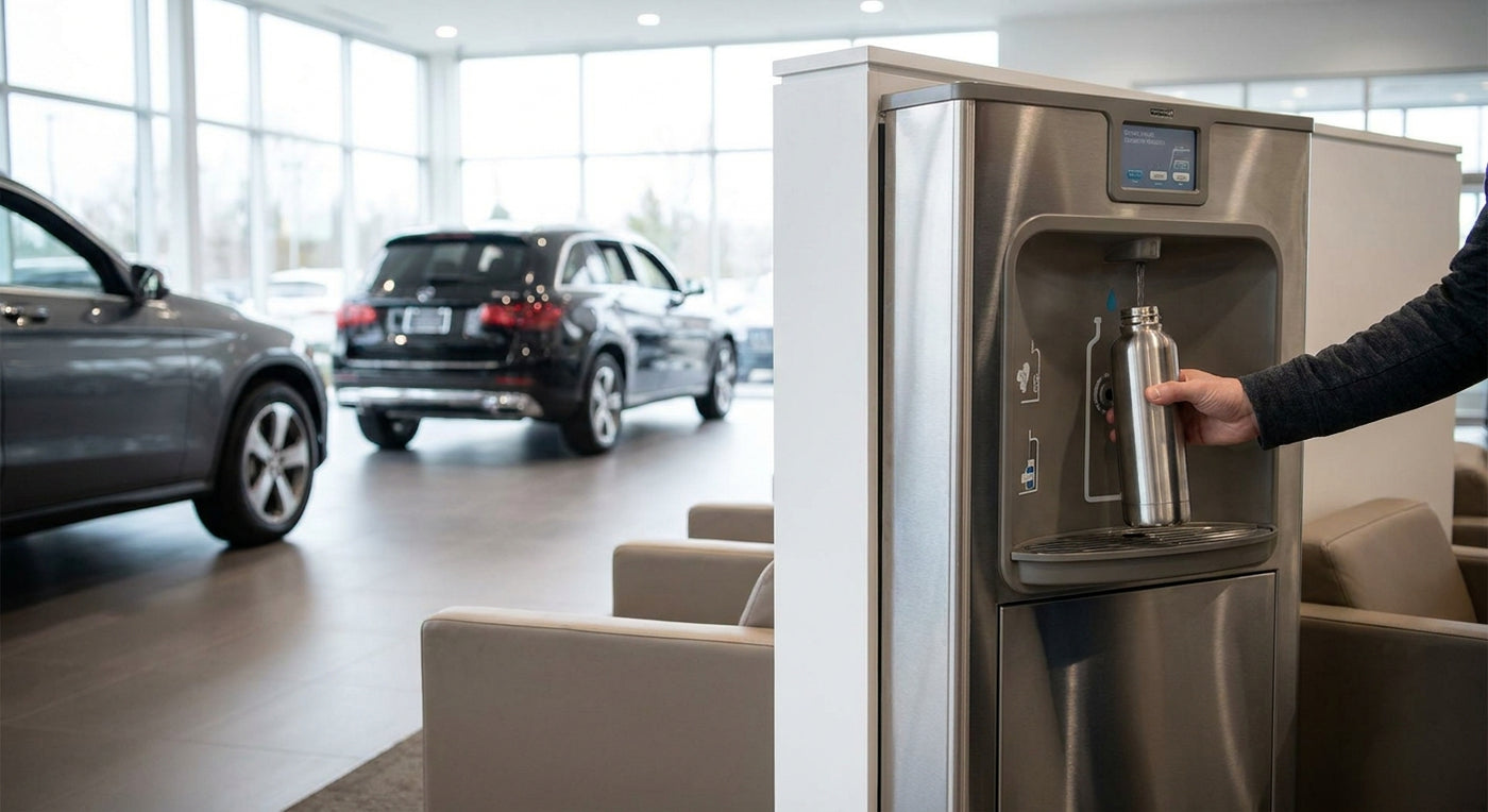 Water bottle filling station for car dealerships
