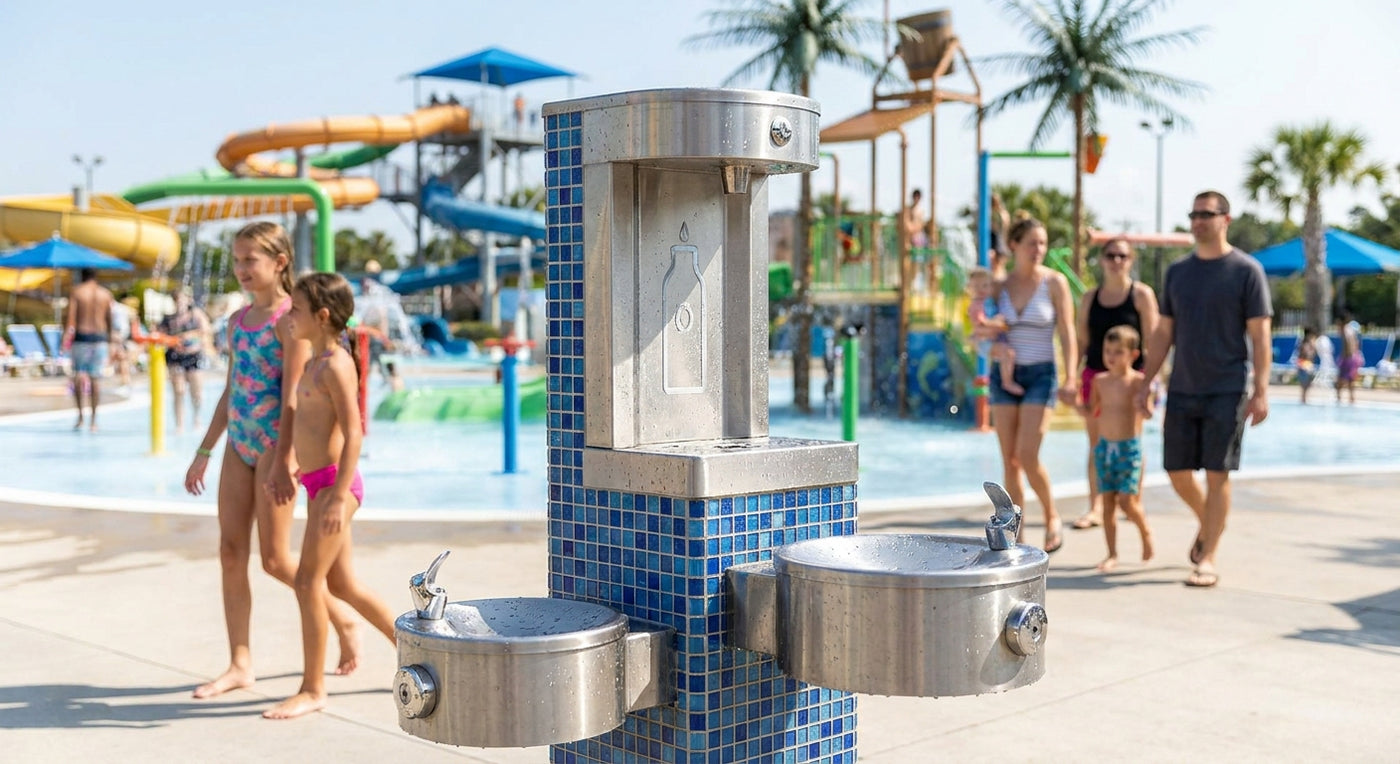 Outdoor drinking fountain for water parks