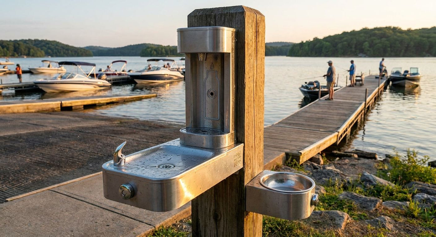 Outdoor drinking fountain for boat launches and fishing piers