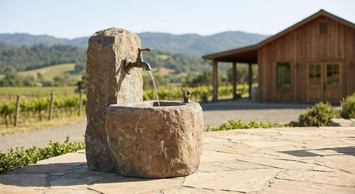 Outdoor drinking fountain for wineries and tasting rooms